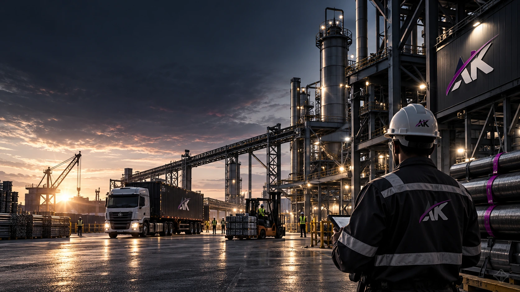 AKGLOBAL industrial operations and lifting activity at sunset